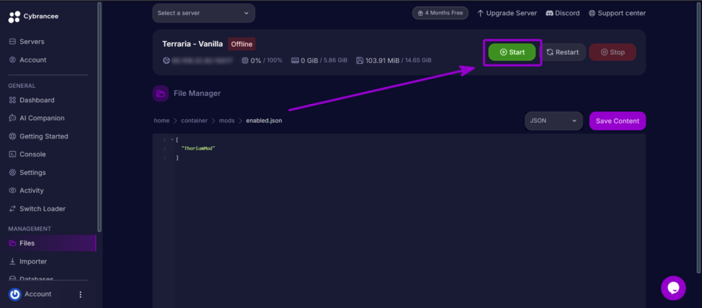 Selecting the Start button in the Cybrancee header to launch the Terraria server.