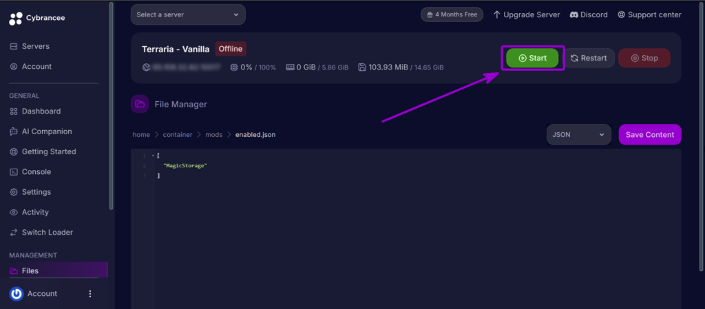 Selecting the Start button in the Cybrancee header to launch the Terraria server.