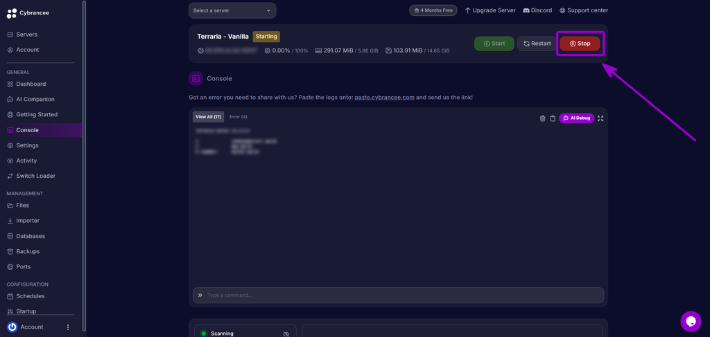 Selecting the Stop button on the server console to shut down the Terraria server.