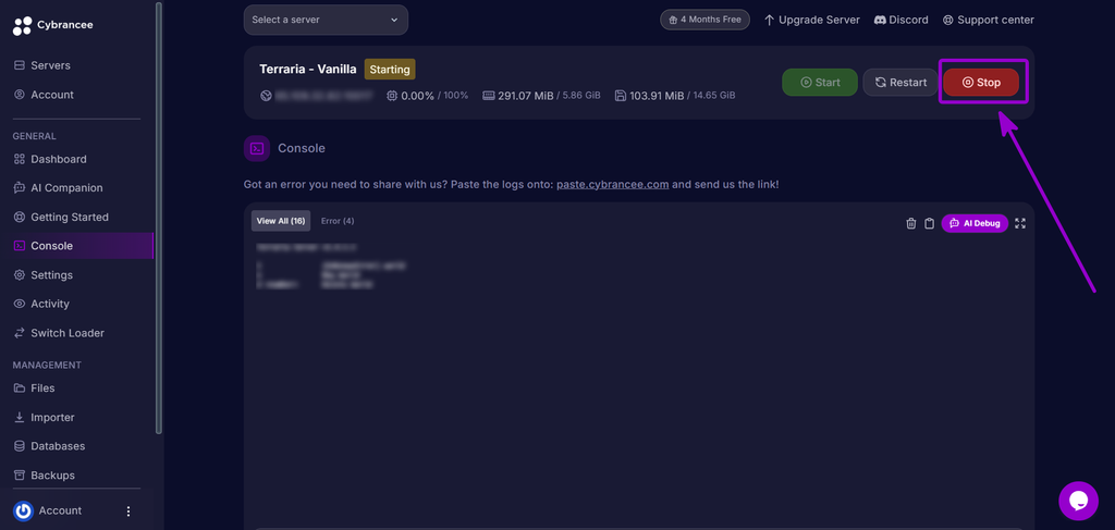 Selecting the Stop button on the server console to shut down the Terraria server.
