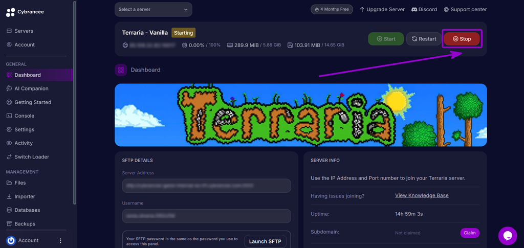 Selecting the Stop button on the server console to shut down the Terraria server.