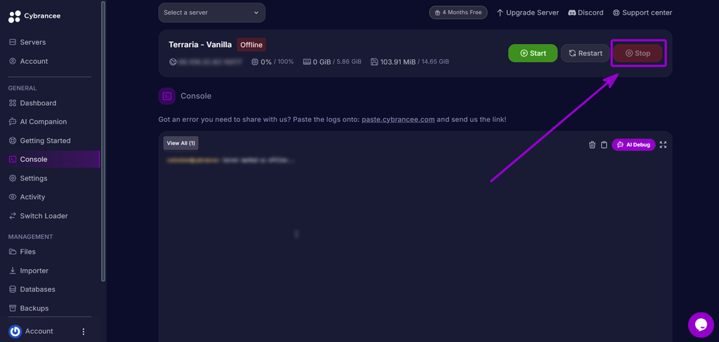 Selecting the Stop button on the server console to shut down the Terraria server.