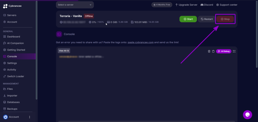 Selecting the Stop button on the server console to shut down the Terraria server.