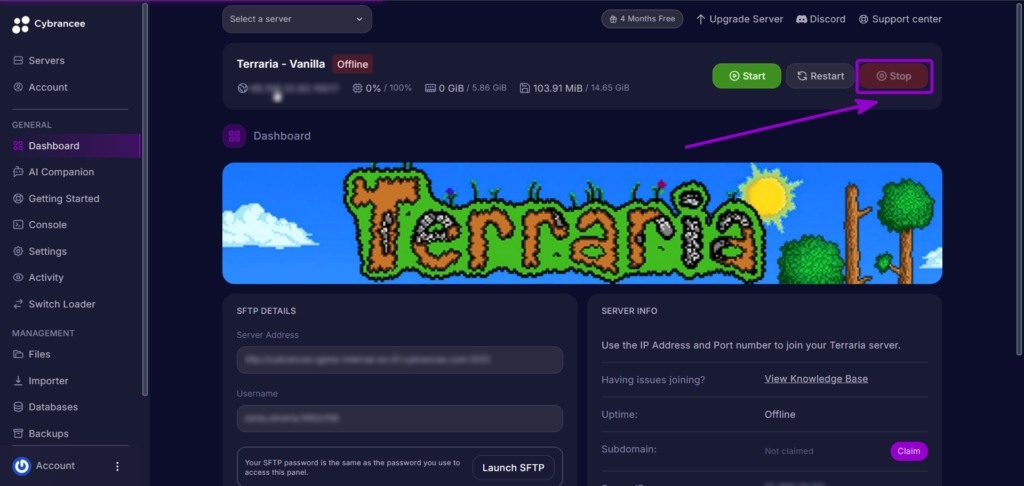 Selecting the Stop button on the server dashboard to power down the Terraria server.