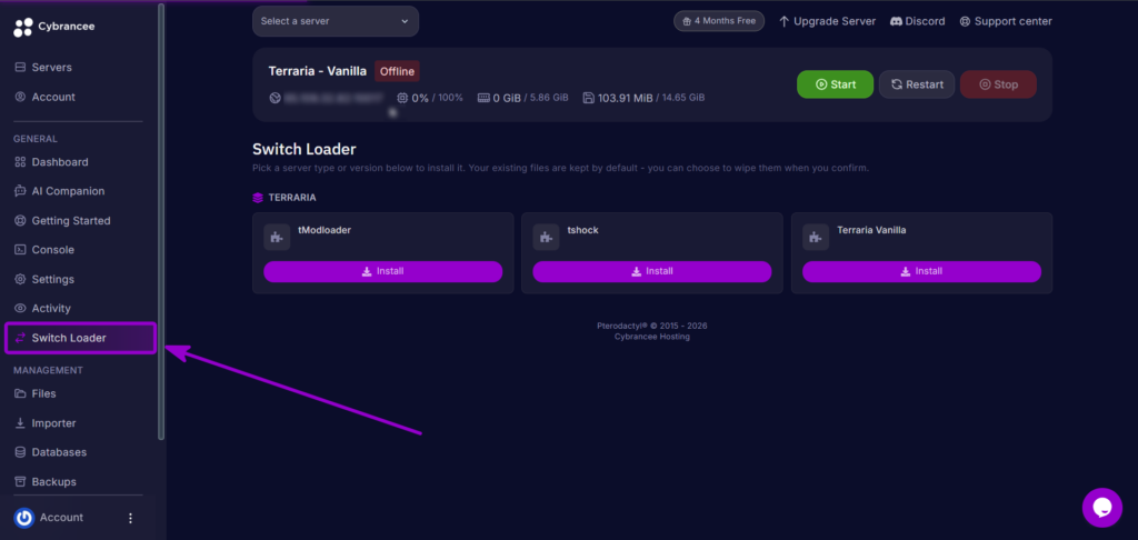 Selecting the Switch Loader tab from the Cybrancee control panel sidebar.