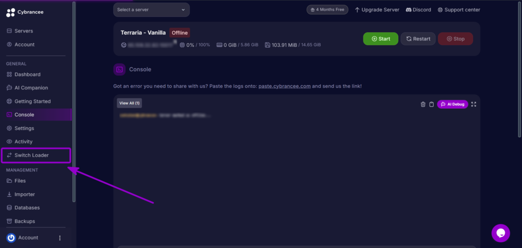 Selecting the Switch Loader tab from the Cybrancee control panel sidebar.
