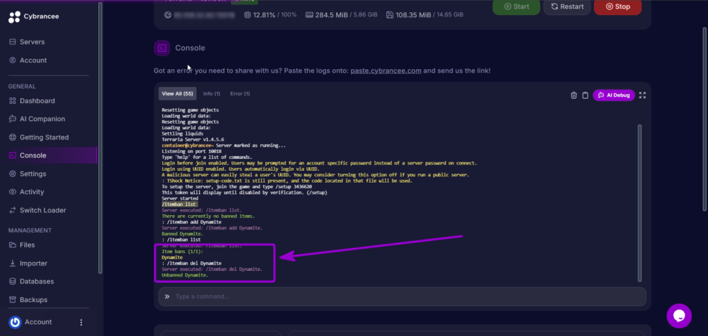 Removing an item from the ban list using the itemban del command in the console.