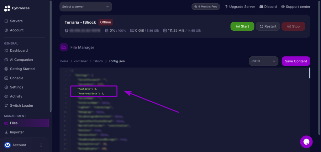 Cybrancee Panel Terraria Configure Reserved Slots Value Outlined With Arrow