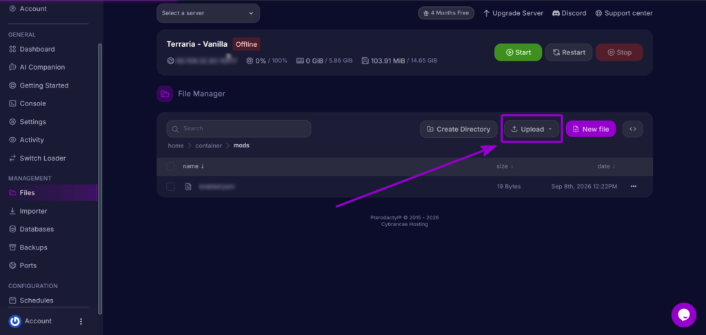Uploading the Fargowiltas.tmod file to the mods directory in the Cybrancee panel.
