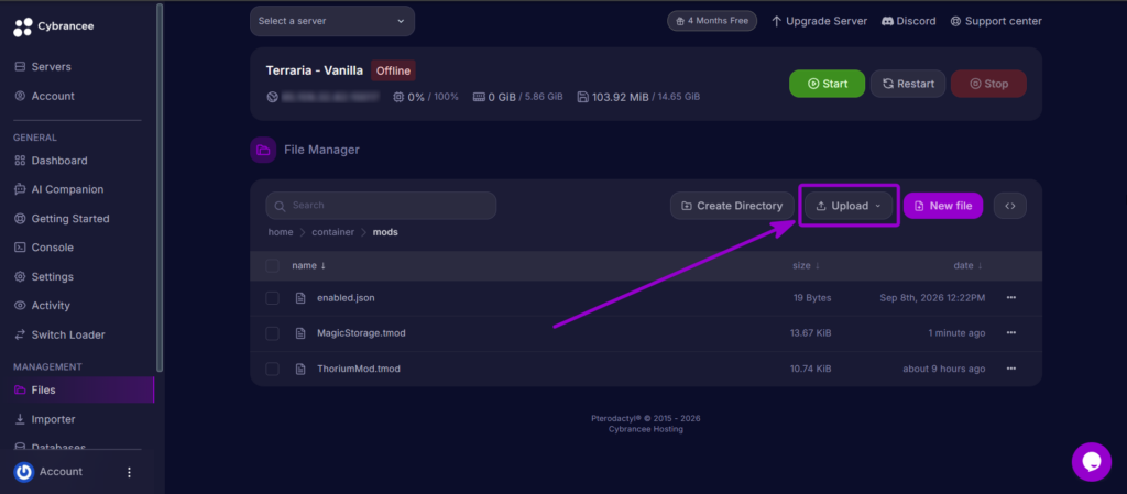 Selecting the Upload button to upload the Magic Storage Mod file to the server.