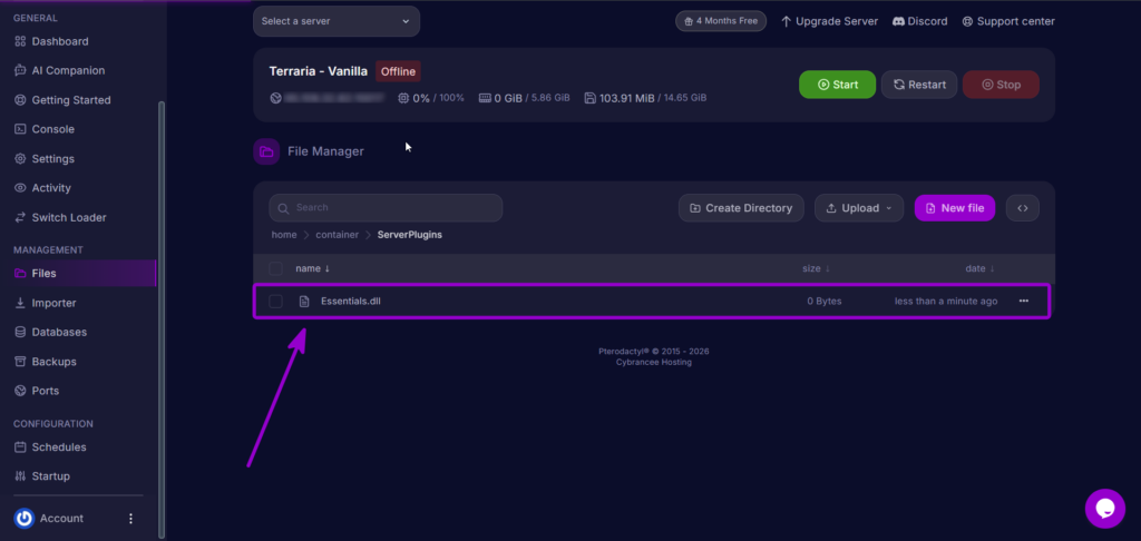 Uploading the plugin dll file to the ServerPlugins directory in the Cybrancee panel.