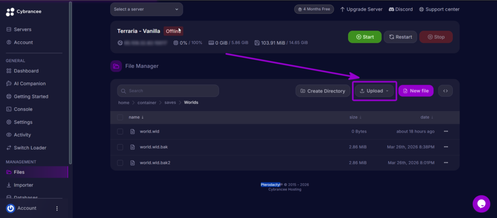 Clicking the Upload button to upload a single-player world file to the server.