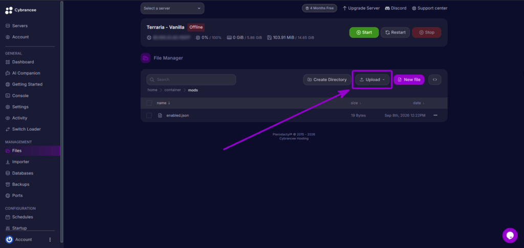 Cybrancee Panel Terraria File Manager Upload Button Outlined With Arrow