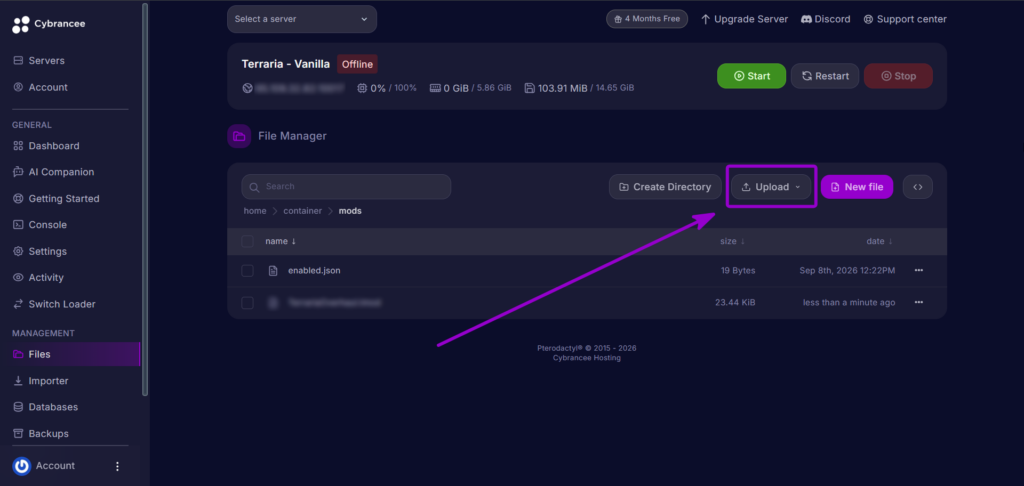 Cybrancee Panel Terraria File Manager Upload Button Outlined With Arrow