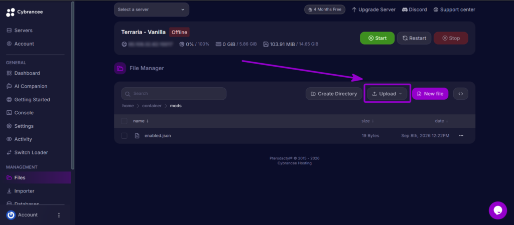 Selecting the Upload button to upload the Thorium Mod file to the server.