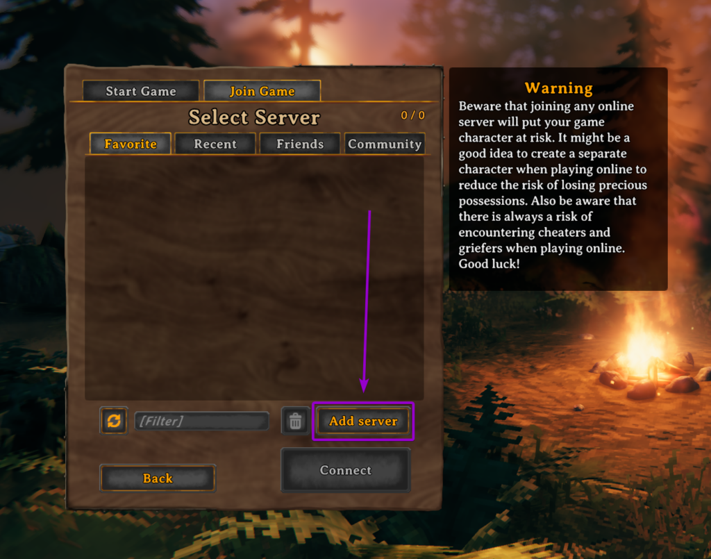 Clicking the Add server button in the Valheim Favorite server list