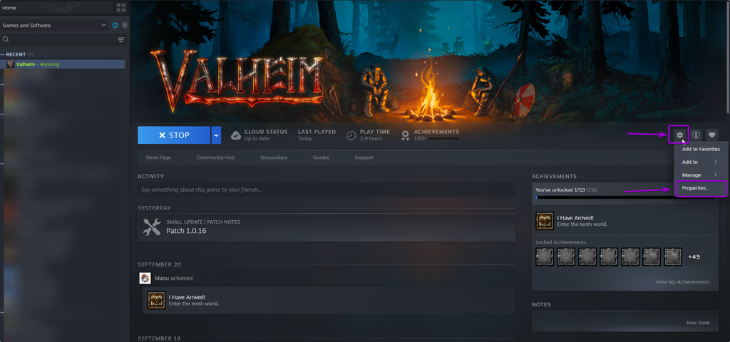 Click Cog Button and Select Properties Button on the Steam Library Application