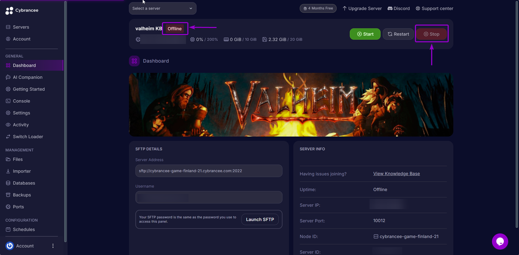 Click the Stop Server and Confirm if the Server is Offline in the Cybrancee Valheim Panel