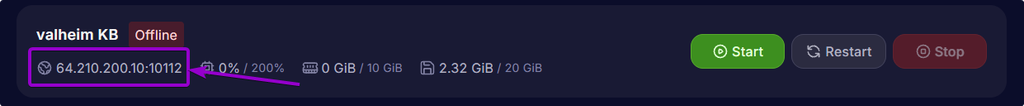 Click the IP Address in the Main Server Box Section to copy the IP Address in the Cybrancee Valheim Panel