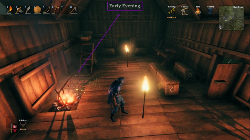 In-game Valheim screenshot showing the Clock mod displaying Early Evening at the top of the screen