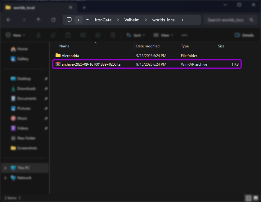 Valheim - Compressed world file in the 'worlds_local' folder on the PC