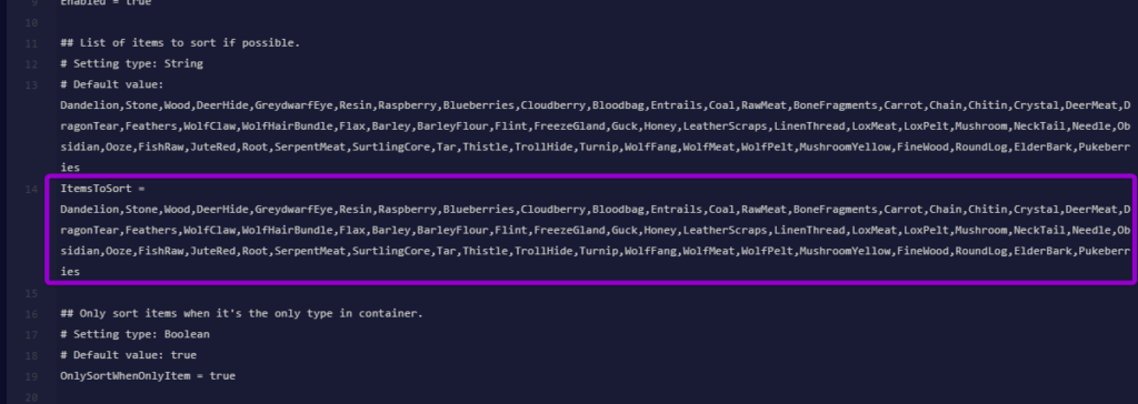Editing the ItemsToSort item whitelist string in ch.elusia.plugins.valheim.autosort.cfg