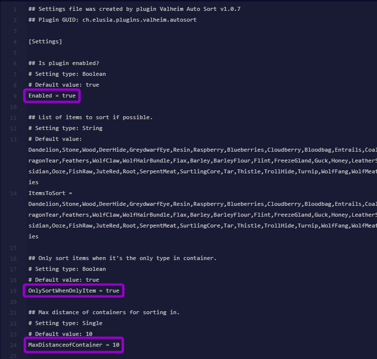 Configuring Enabled, OnlySortWhenOnlyItem, and MaxDistanceofContainer in ch.elusia.plugins.valheim.autosort.cfg