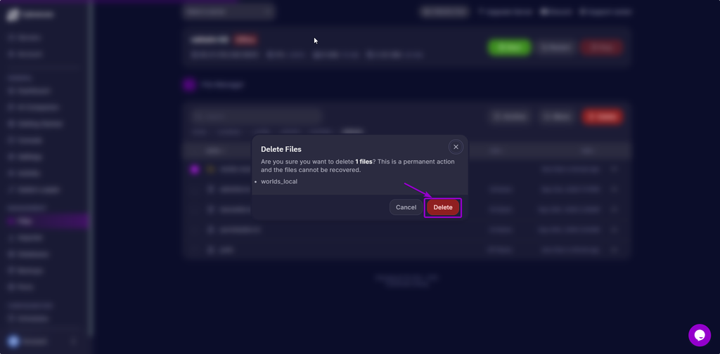 Confirm world_local folder delete in the Cybrancee Valheim Panel
