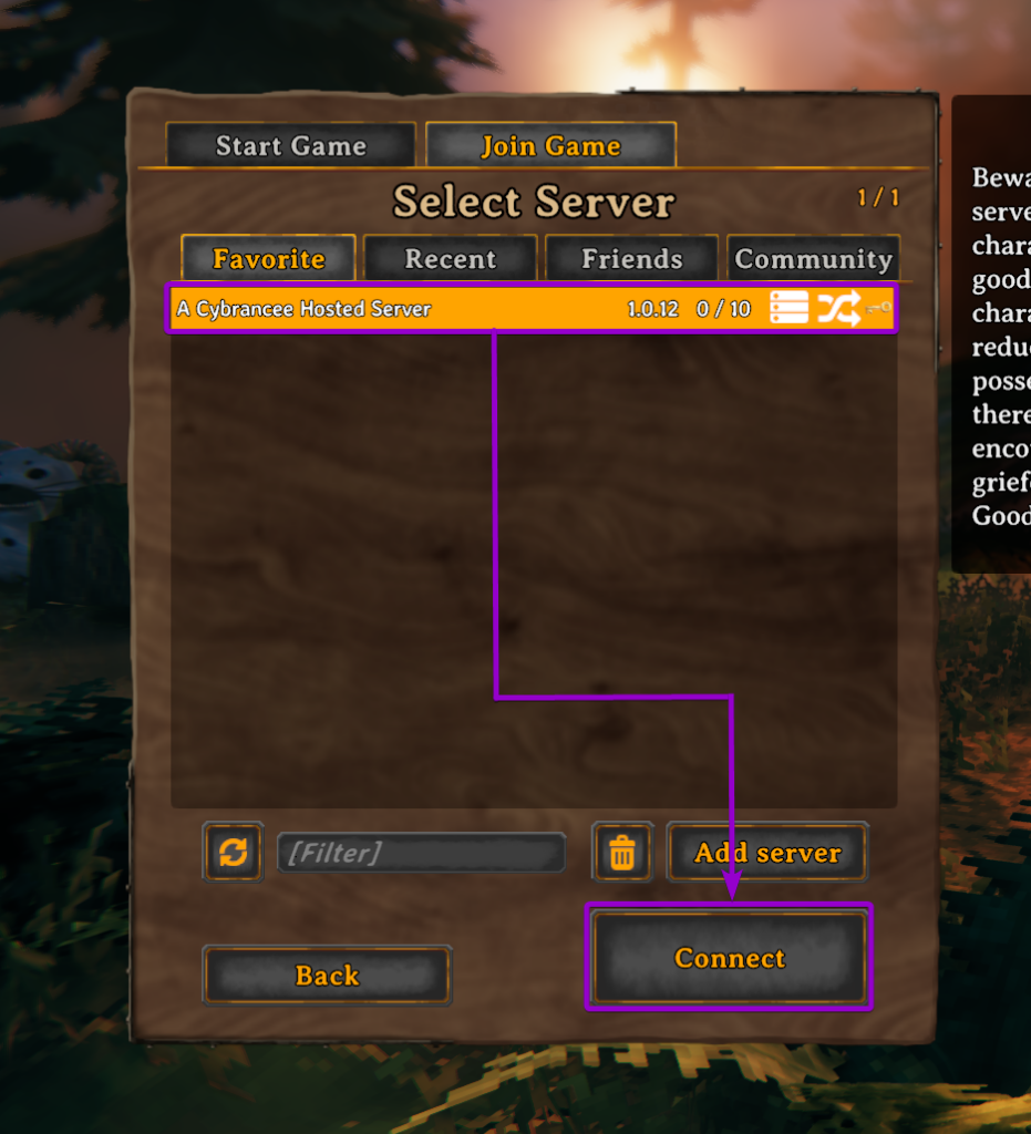 Selecting the hosted server from the Favorite list and clicking Connect