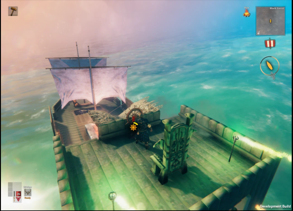 In-game view of a player steering a custom multi-deck raft sailing across the ocean in Valheim