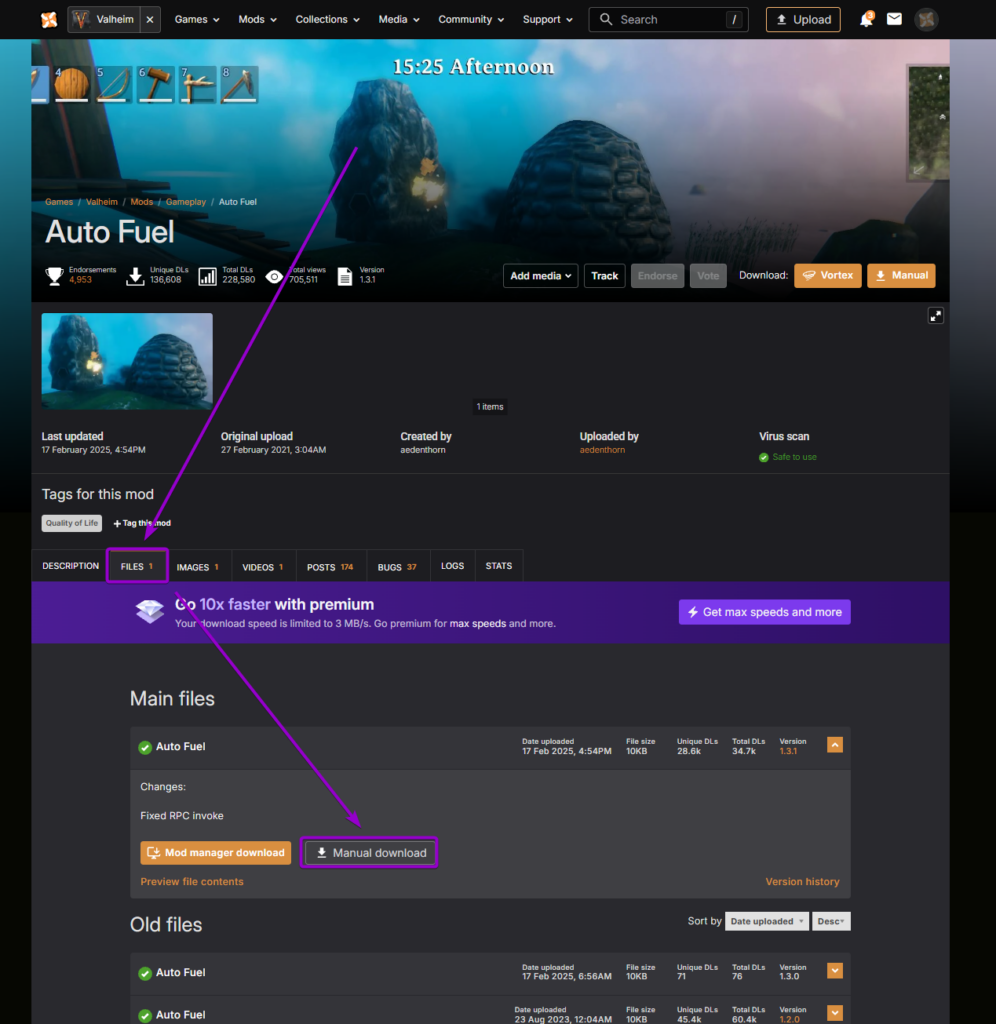 Clicking manual download under the Files tab for Auto Fuel on Nexus Mods