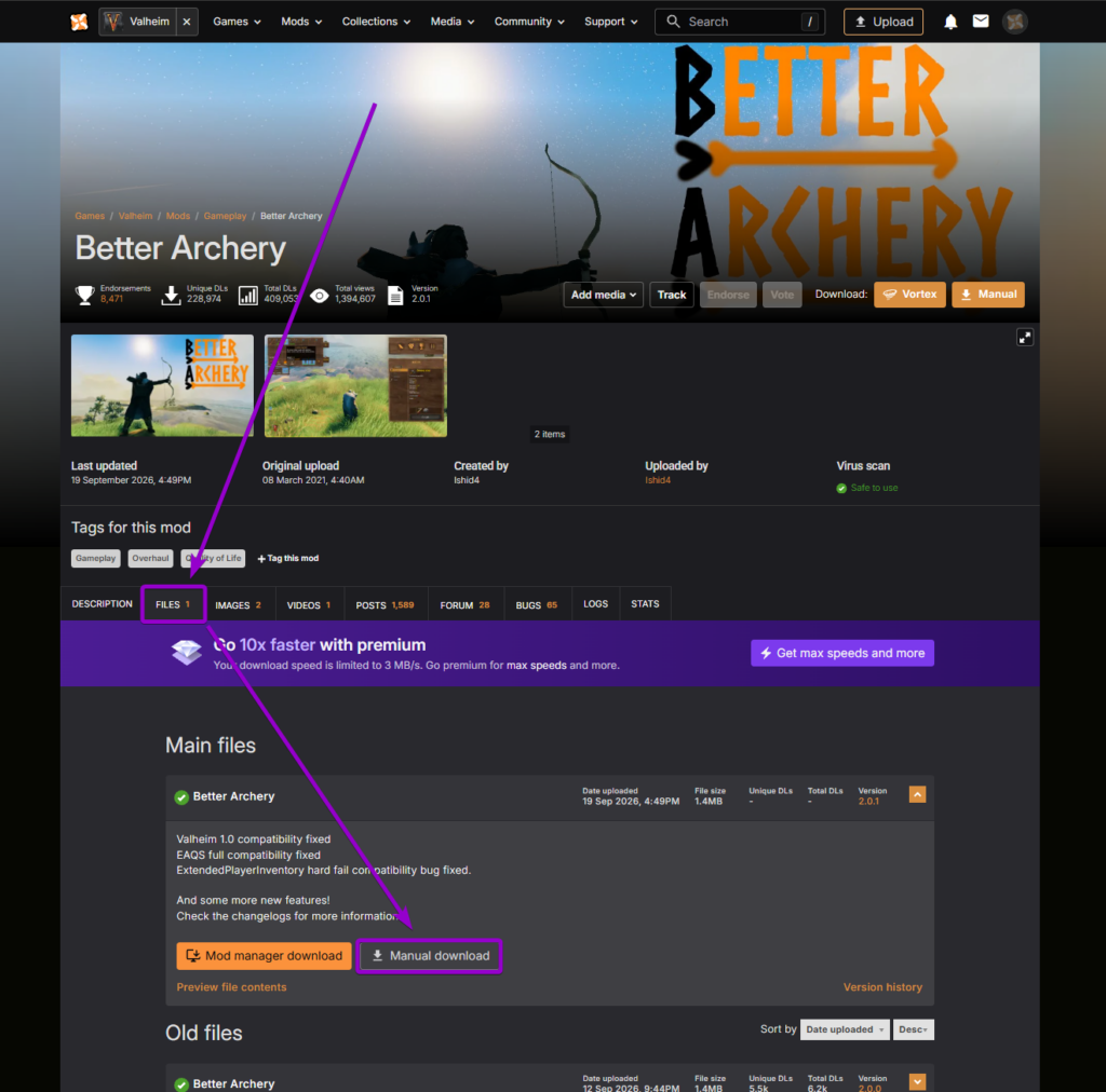 Clicking manual download on the Better Archery mod package on Nexus Mods