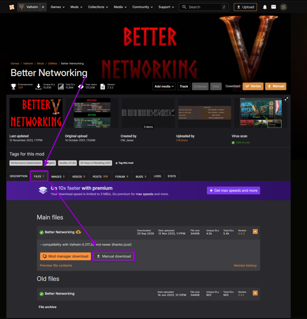 Downloading Better Networking via manual download on Nexus Mods