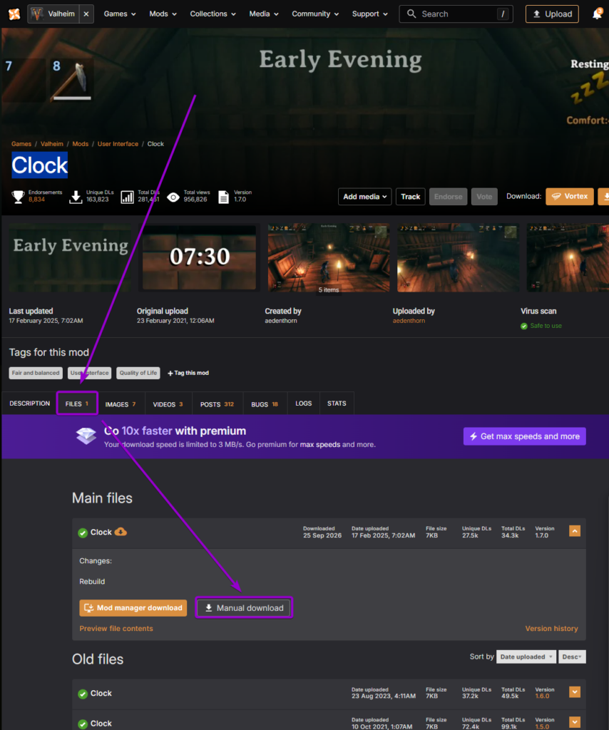 Clicking manual download under the Files tab for the Clock mod on Nexus Mods