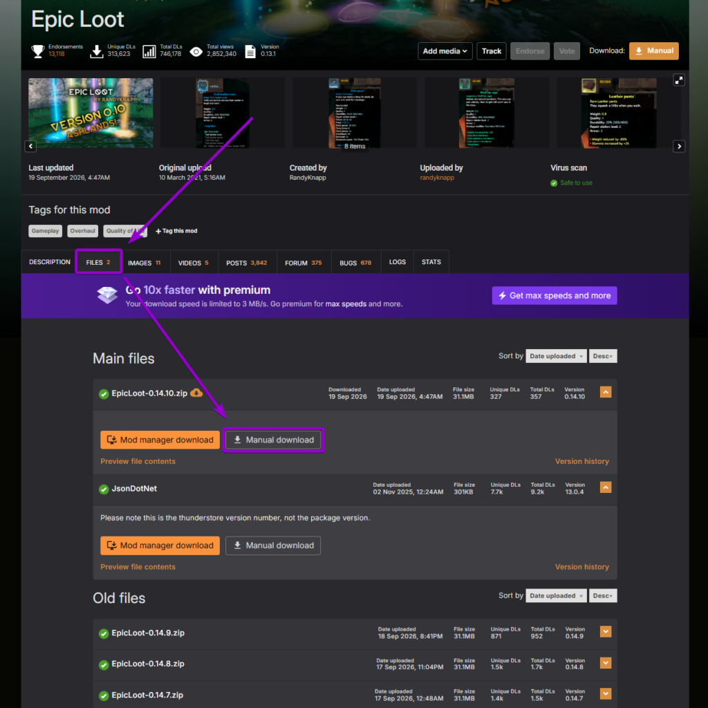 Clicking manual download on the Epic Loot mod package on Nexus Mods