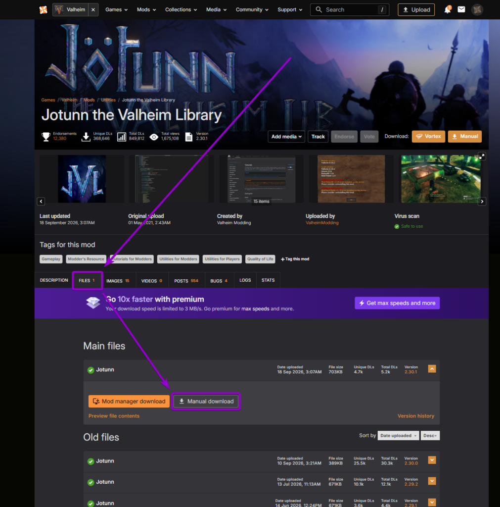 Clicking manual download on Jotunn the Valheim Library mod page on Nexus Mods