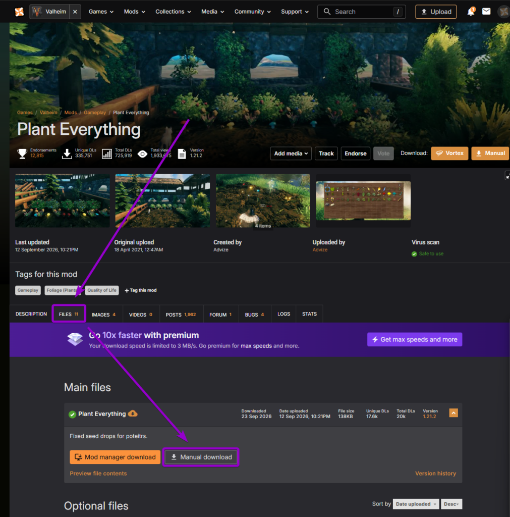 Clicking manual download under the Files tab for Plant Everything on Nexus Mods