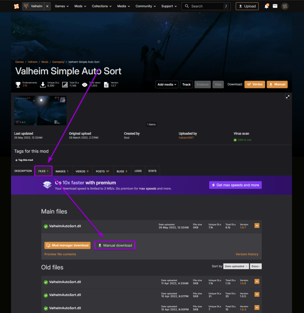 Clicking manual download on the Valheim Simple Auto Sort mod package on Nexus Mods