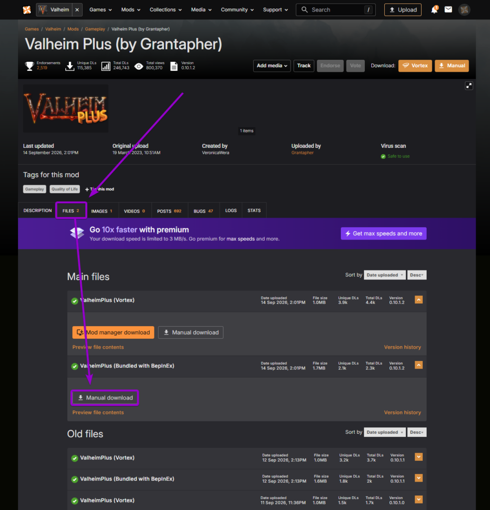 Downloading ValheimPlus bundled with BepInEx via manual download on Nexus Mods
