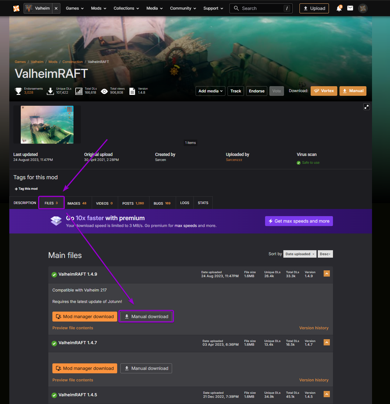 Clicking manual download under the Files tab for ValheimRAFT on Nexus Mods