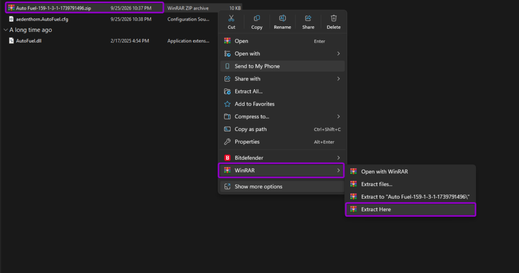 Extracting the Auto Fuel zip archive using WinRAR in Windows File Explorer