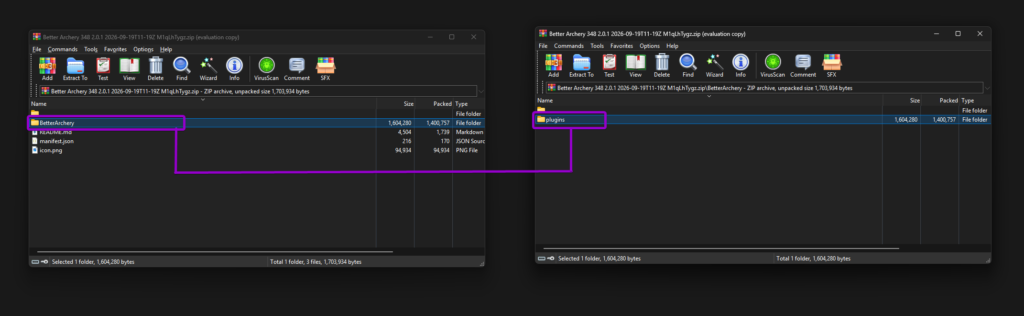 Viewing the BetterArchery plugins folder inside the downloaded zip archive
