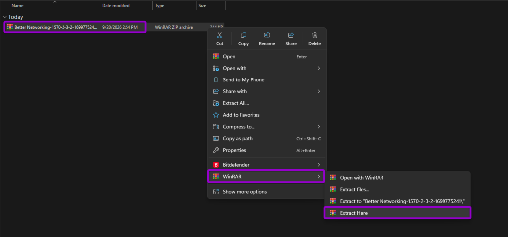 Extracting the Better Networking mod archive using WinRAR in Windows File Explorer