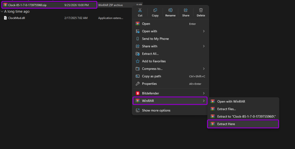 Extracting the Clock mod zip archive using WinRAR in Windows File Explorer
