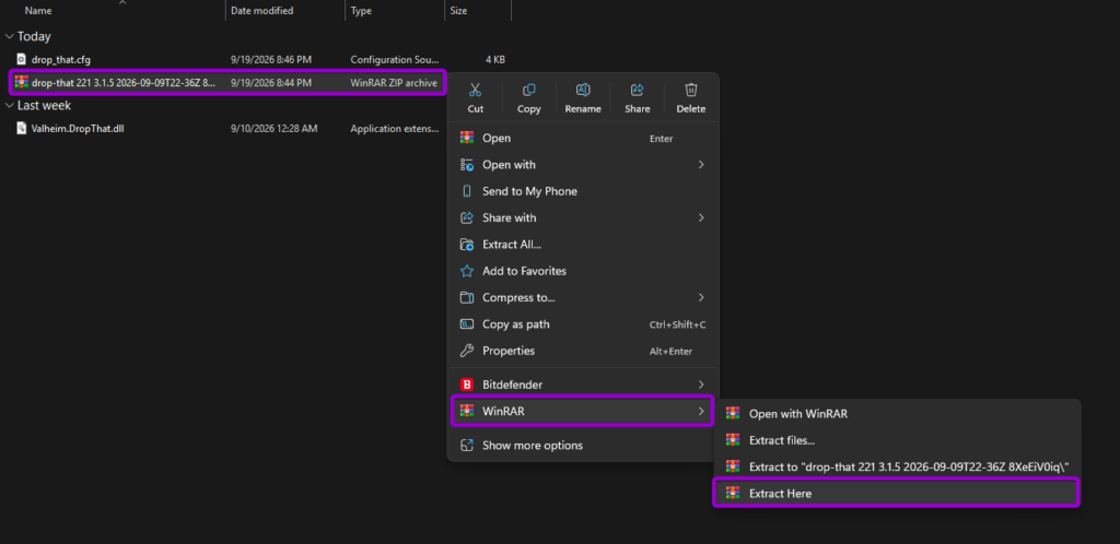 Extracting the Drop That zip archive using WinRAR in Windows File Explorer