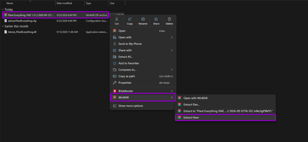 Extracting the Plant Everything zip archive using WinRAR in Windows File Explorer