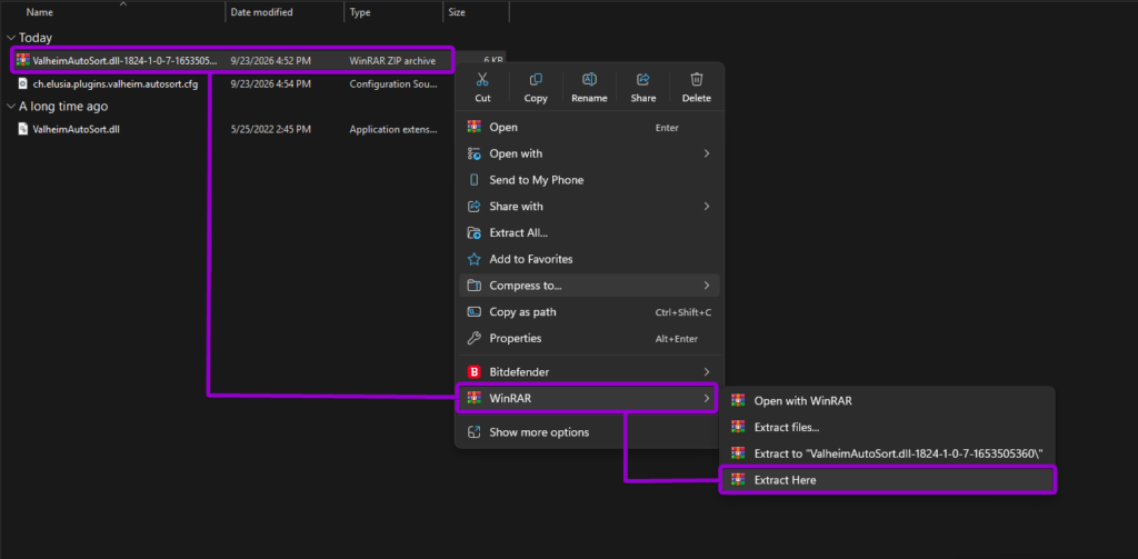 Extracting the Valheim Simple Auto Sort archive using WinRAR in Windows File Explorer