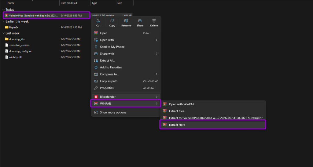 Extracting the downloaded ValheimPlus Bundled with BepInEx zip archive using WinRAR in Windows File Explorer