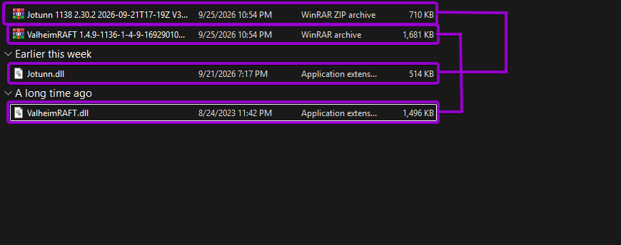 Extracted Jotunn.dll and ValheimRAFT.dll files from their respective zip archives in Windows File Explorer