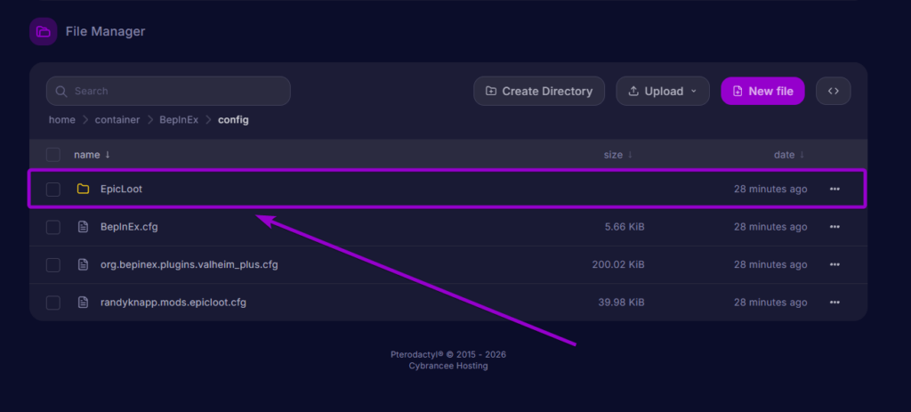 Selecting the generated EpicLoot directory inside the BepInEx config folder in the server file manager